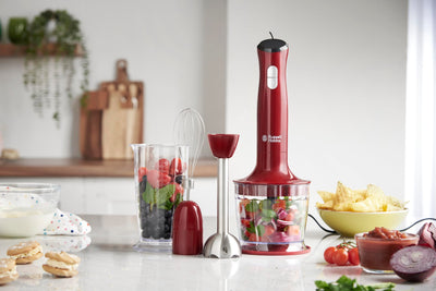 Russell Hobbs Stabmixer [3-in-1: Pürierstab/Zerkleinerer, Mixer- & Schneebesenaufsatz] Desire Rot (BPA-freies & spülmaschinenfestes Zubehör, für Smoothie, Suppen Saucen, Joghurt Babynahrung) 24700-56