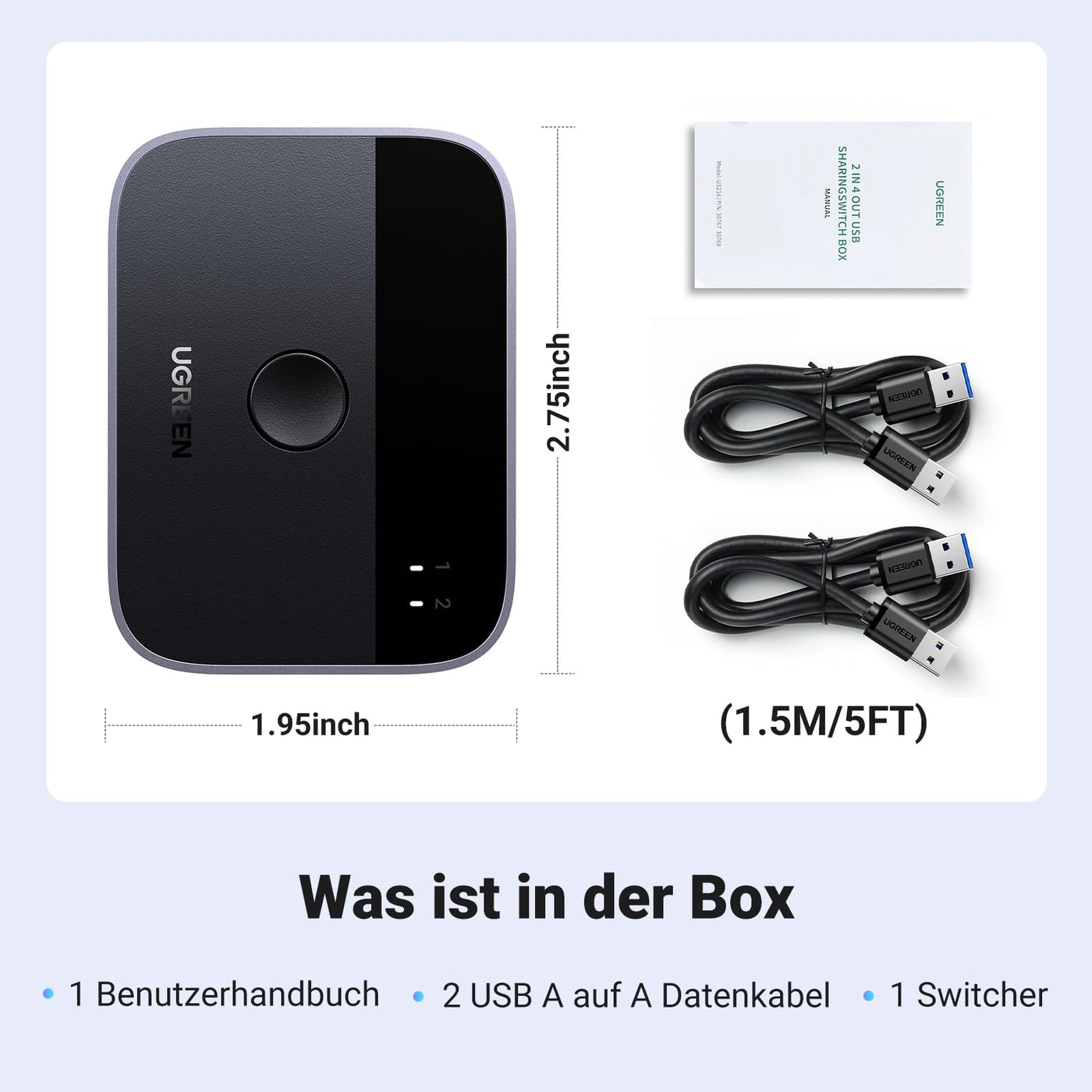 UGREEN USB Switch 2PC USB Switch 3.0 2 In 2 Out USB Umschalter mit 2 USB 3.0 A auf A Kabel für Tastatur, Maus, Drucker, Festplatten, USB-Kameras usw.