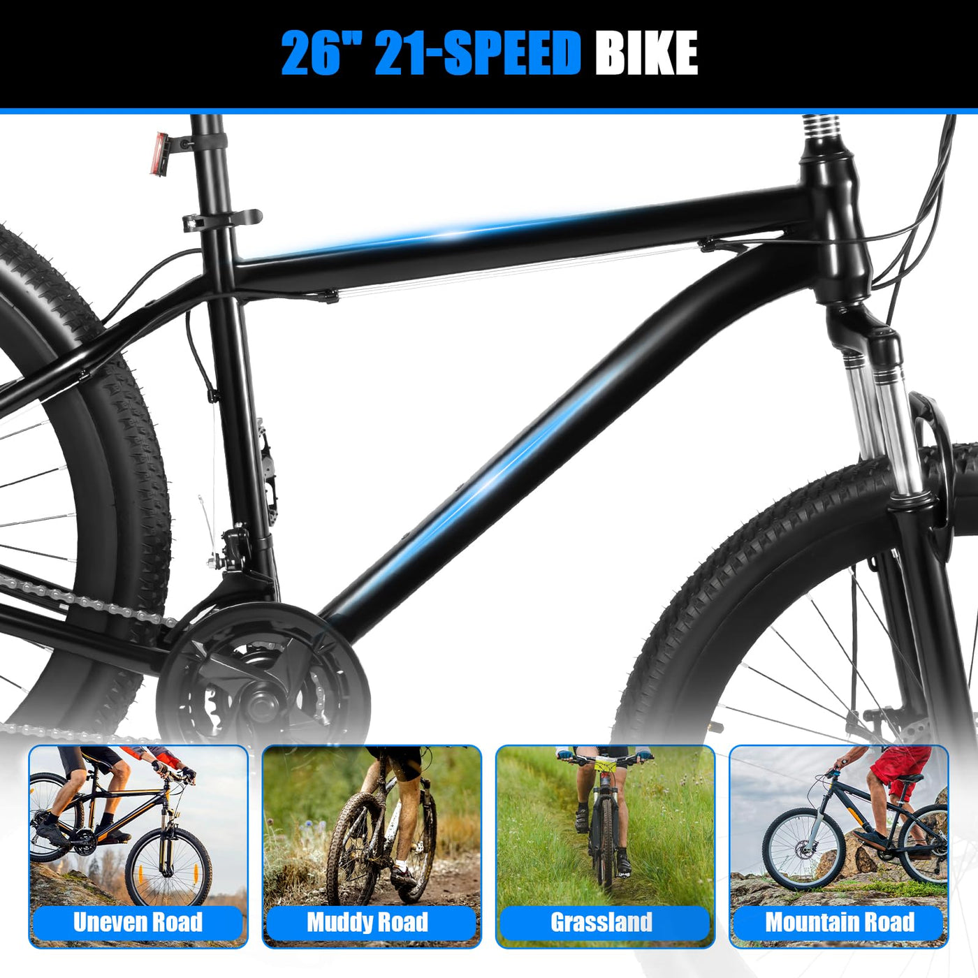 ARBGO 26in Mountainbike, Aluminium Mountainbike, Fahrräder für Erwachsene，Doppelscheibenbremse vorne und hinten, 21 Gang Schaltung Vollfederung, für Damen und Herren
