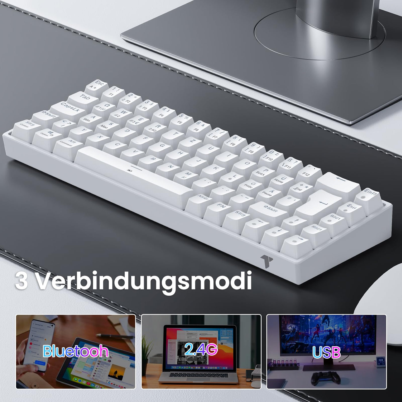 TECURS Gaming Tastatur - RGB Mechanische Tastatur Kabellos Bluetooth/2.4G/Mit Kabel, 65% QWERTZ Gamer Tastatur mit Rote Schalter für PC/Laptop/PS4/PS5, Weiß