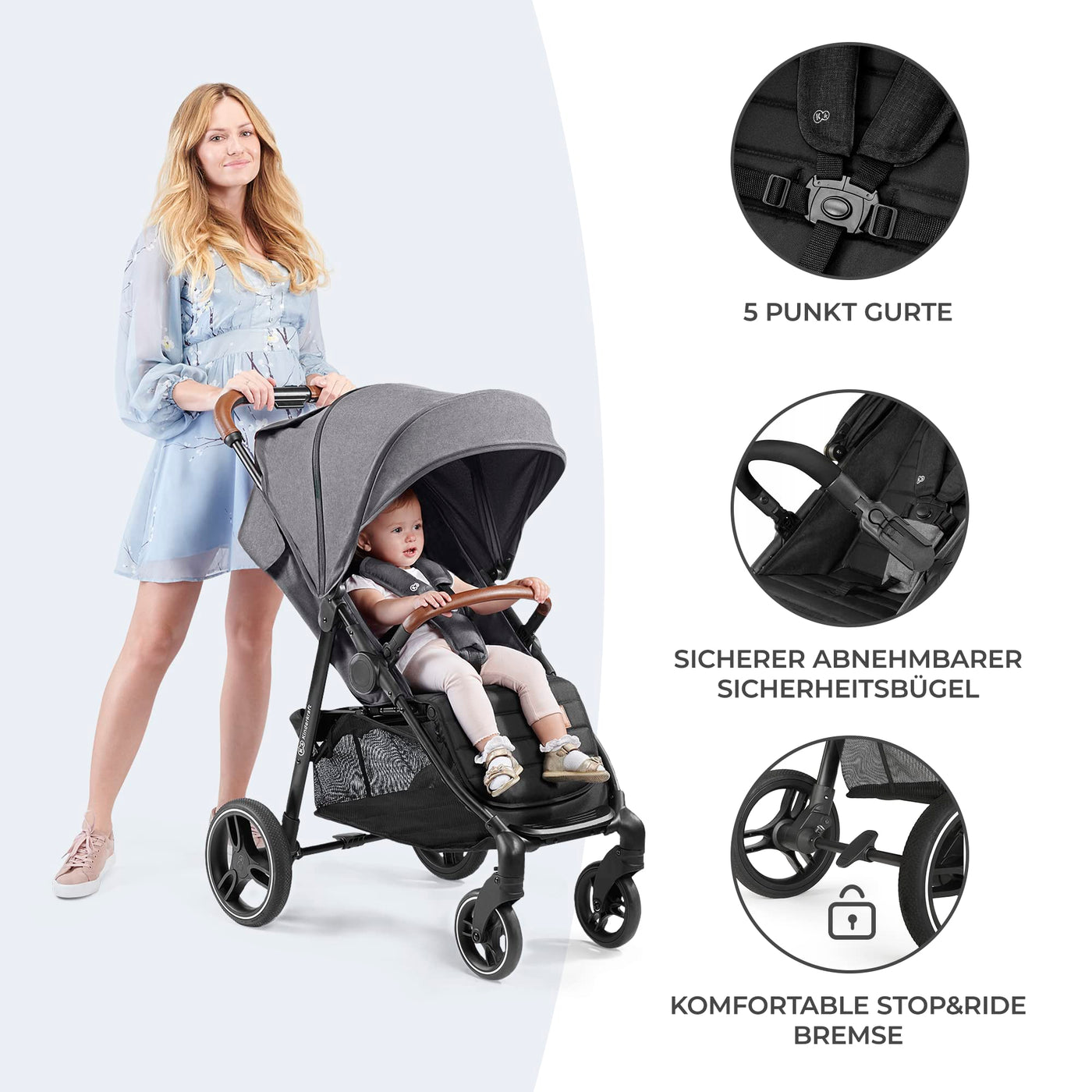 Kinderkraft GRANDE PLUS Kinderkraft buggy von Geburt bis 22 kg, Zusammenklappen mit einer Hand, Liegeposition, großes Verdeck mit Fenster, alle 4 Räder gedämpft, geräumige Sitz, Schwarz