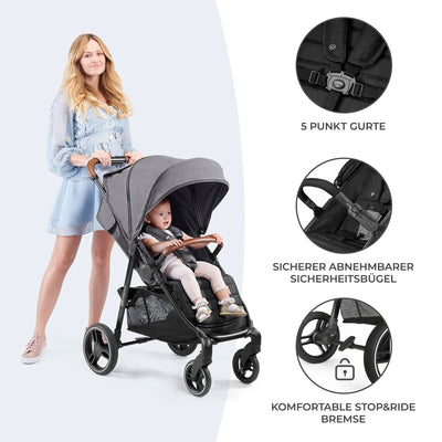 Kinderkraft GRANDE PLUS Kinderkraft buggy von Geburt bis 22 kg, Zusammenklappen mit einer Hand, Liegeposition, großes Verdeck mit Fenster, alle 4 Räder gedämpft, geräumige Sitz, Schwarz