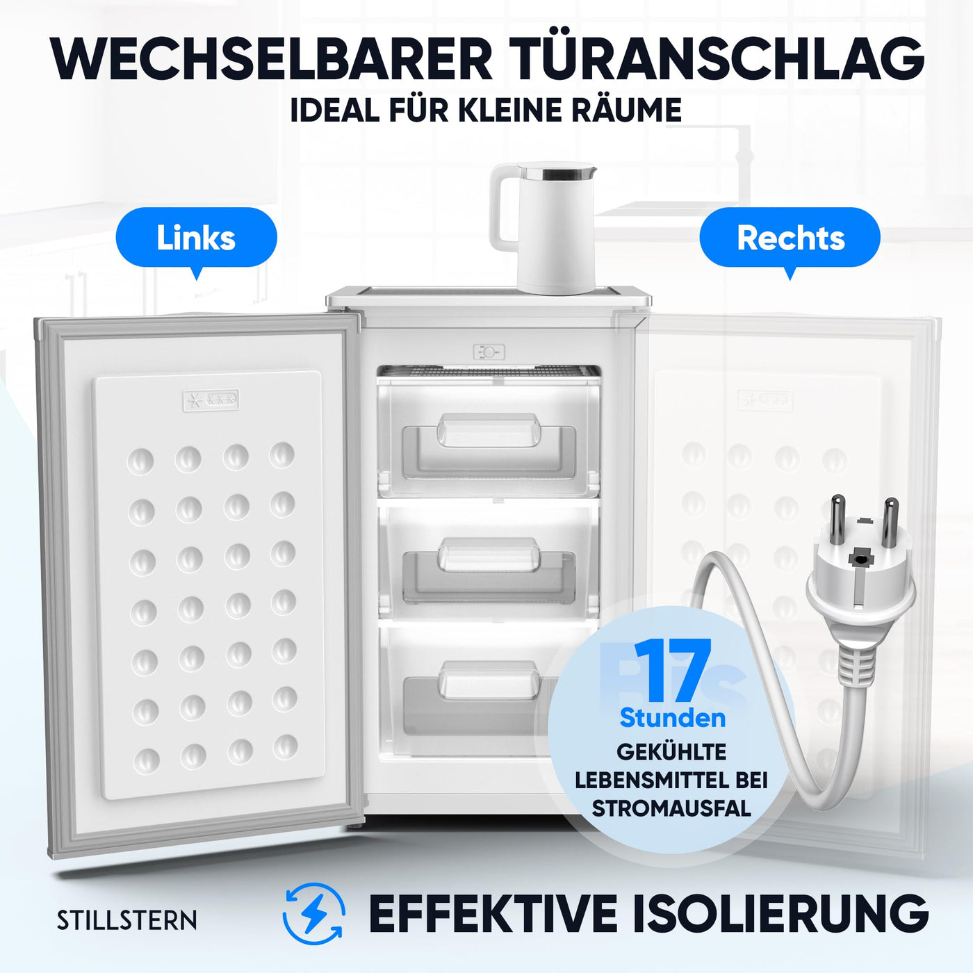 Stillstern Gefrierschrank C (73L) 4-Sterne-Gefrierfach -18°C, geringer Energieverbrauch, 3 Fächer, stufenlos regelbare Temperatur, wechselbarer Türanschlag, Gefrierschrank Klein, Tiefkühlschrank