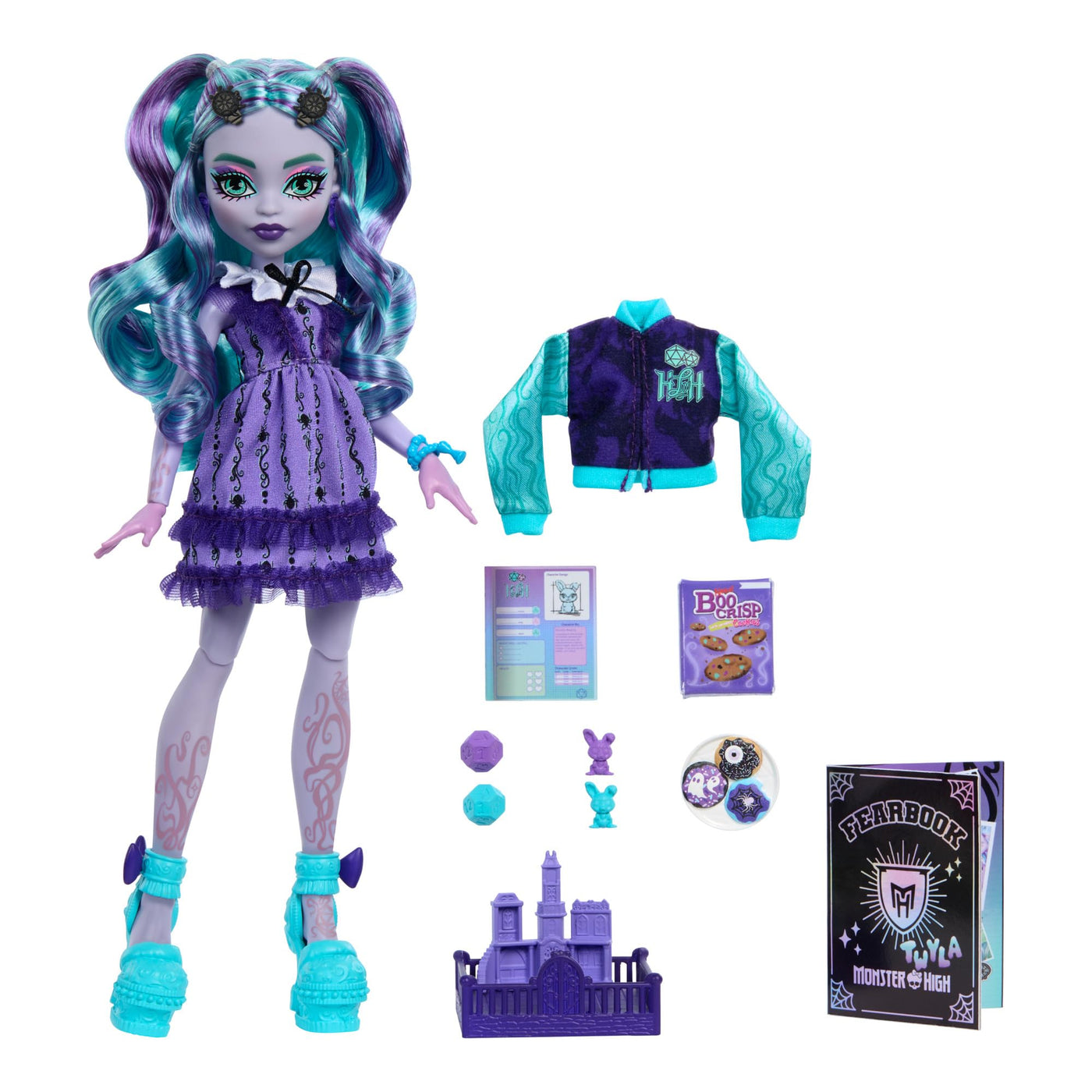 Monster High Fearbook Twyla Set aus Puppe und Zubehör mit Filmclub-Thema, Collegejacke, Jahrbuch, Brettspiel und Keksen, HXW31