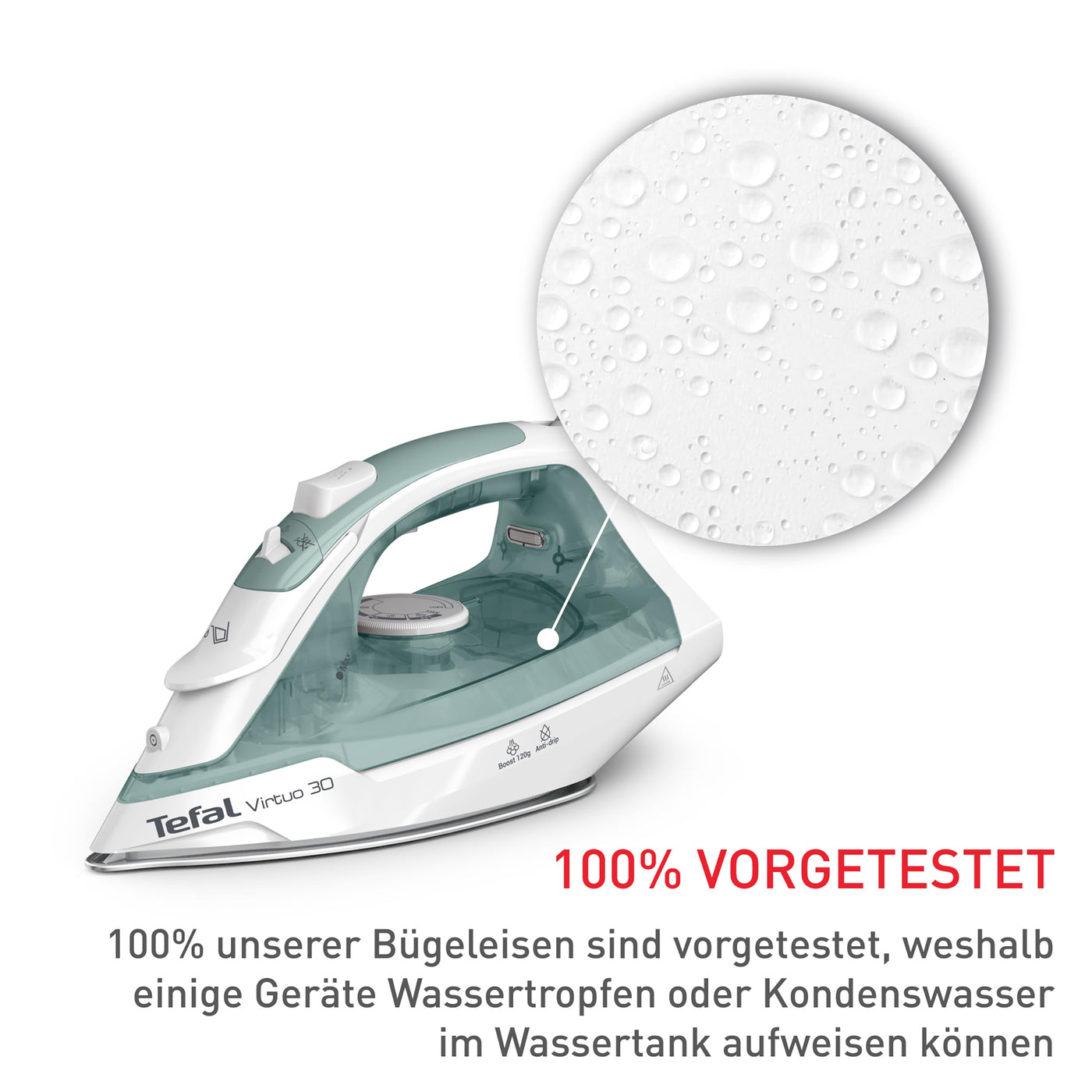 Tefal Virtuo 30 Dampfbügeleisen, 2000 W, 27 g/Min. Dampfabgabe, 120 g/Min. Dampfstoß, 30 Sek. Aufheizzeit, Vertikaldampf, Tropfstopp, Präzisionsbügelspitze, Eukalyptus, FV2C42E0