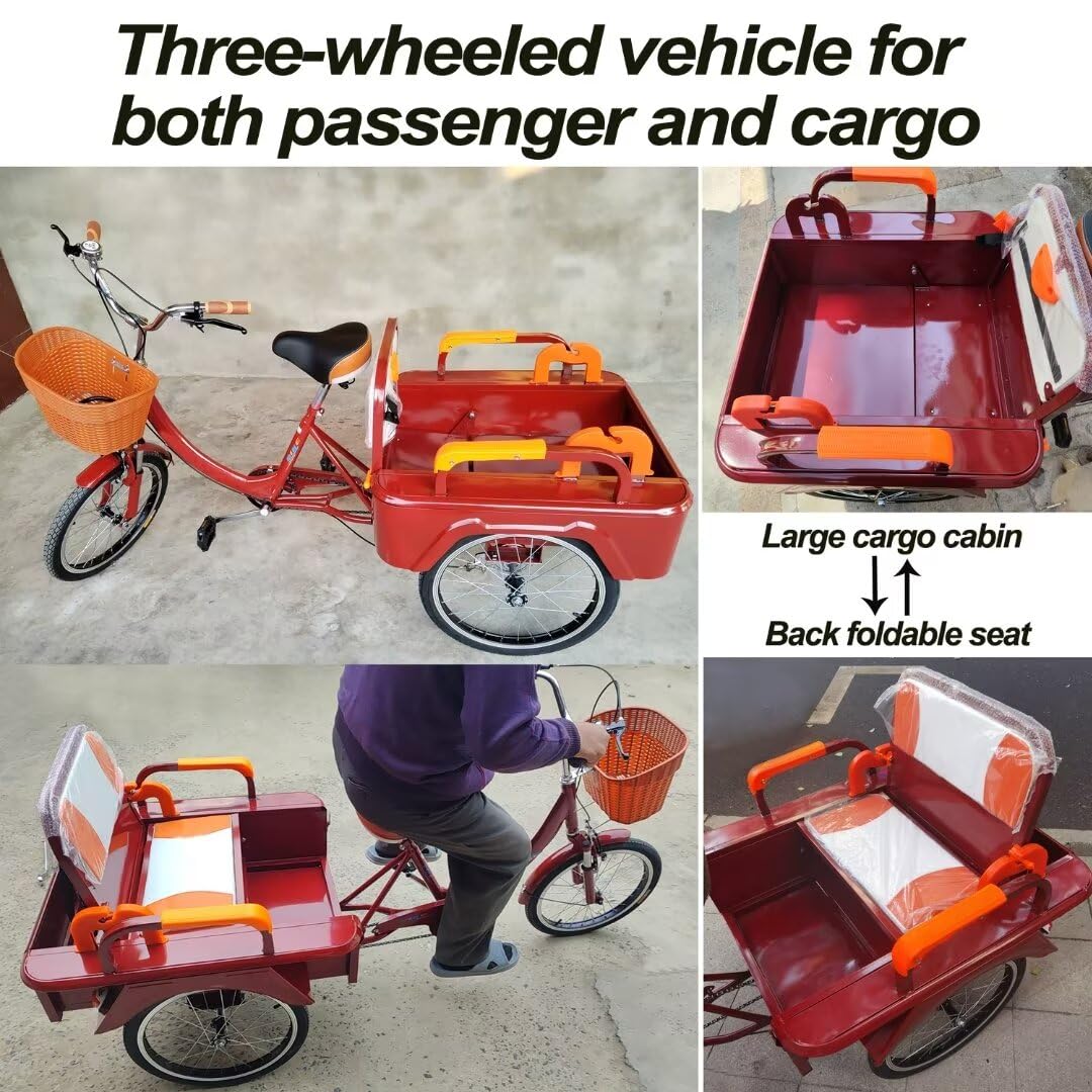 LSQXSS Outdoor-Cruiser-Fahrräder mit hinterer Kabine, älteres Roller-Dreirad mit hinterem Beifahrersitz, Freizeit-Einkaufswagen-Rikscha-Tretfahrrad für Erwachsene, Stoßdämpfer-Vordergabel