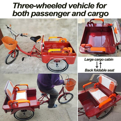 LSQXSS Outdoor-Cruiser-Fahrräder mit hinterer Kabine, älteres Roller-Dreirad mit hinterem Beifahrersitz, Freizeit-Einkaufswagen-Rikscha-Tretfahrrad für Erwachsene, Stoßdämpfer-Vordergabel