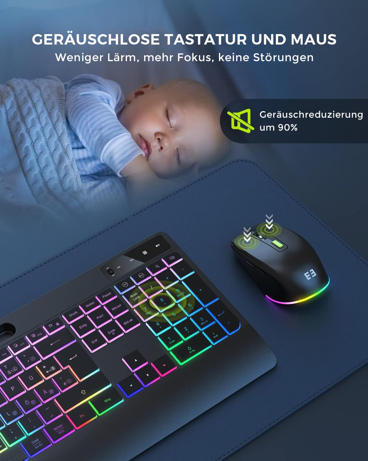seenda Tastatur Maus Set kabellos beleuchtet, wiederaufladbare USB & Typ C Funktastatur mit Maus mit Handyhalter und Handballenauflage für PC/Windows/Mac, leise Klicken & QWERTZ Layout, Schwarz