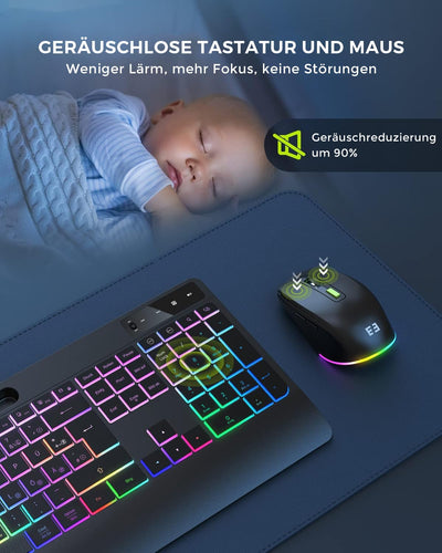 seenda Tastatur Maus Set kabellos beleuchtet, wiederaufladbare USB & Typ C Funktastatur mit Maus mit Handyhalter und Handballenauflage für PC/Windows/Mac, leise Klicken & QWERTZ Layout, Schwarz
