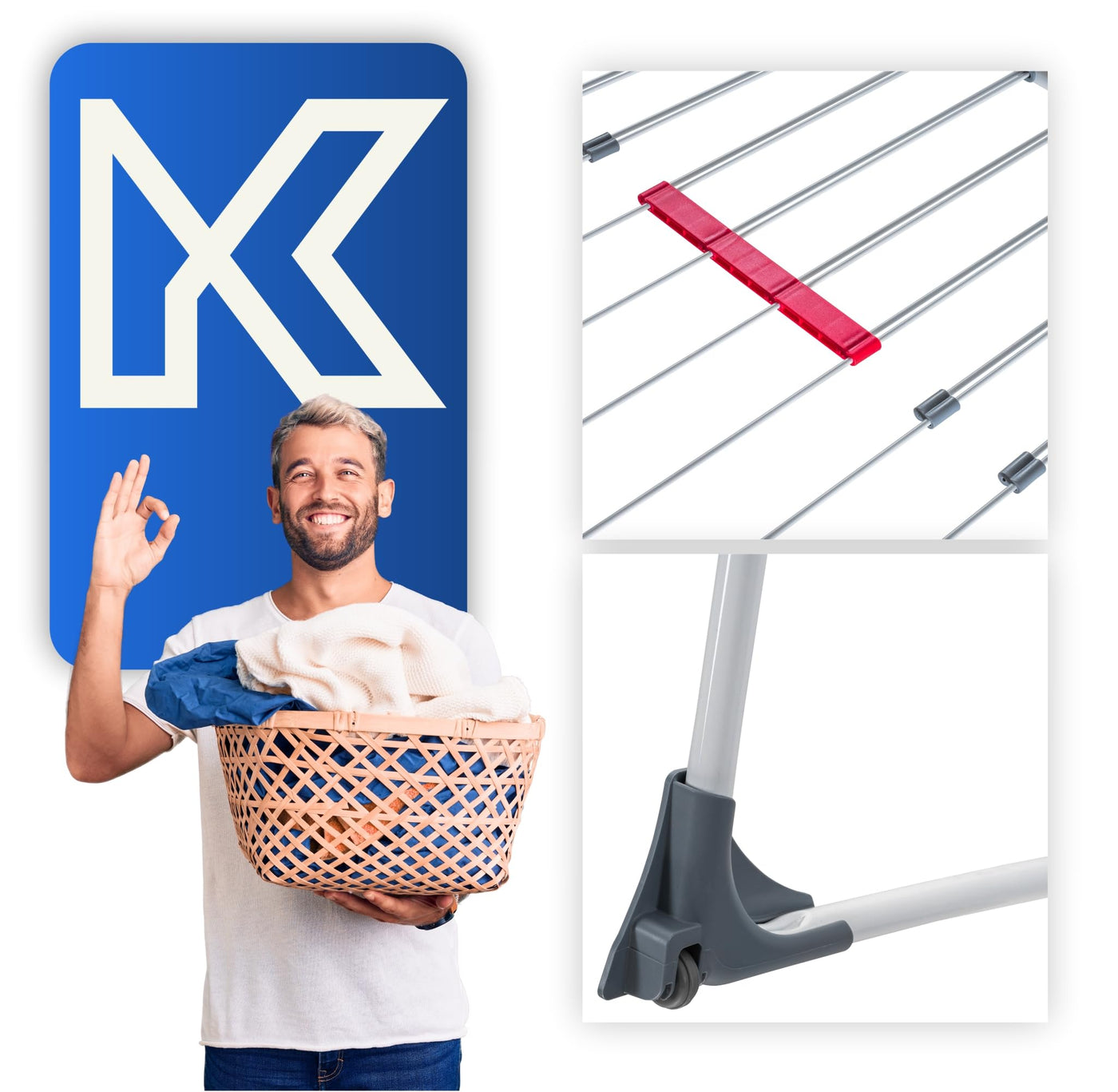 KADAX Teleskop Wäscheständer mit 20m Trockenleinenlänge, ausziehbarer Wäschetrockner für Bettwäsche, großer Flügelwäscheständer aus pulverbeschichteten Stahl (Grau)