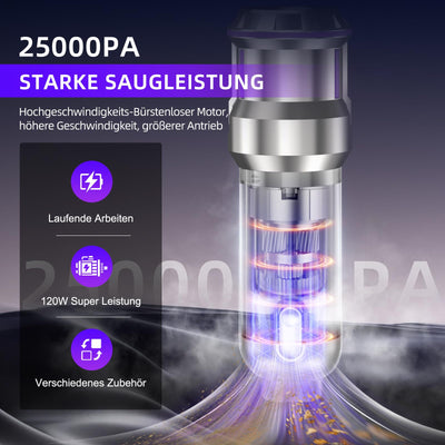 Handstaubsauger Kabellos, 25000Pa Stark & 4 in 1 Akku Staubsauger mit 1-Knopf Selbstentleerung, Bürstenloser Motor Mini Staubsauger, 3 Stufen Saugstärke für Auto, Haus, Tierhaare, Ladegerät, Silber