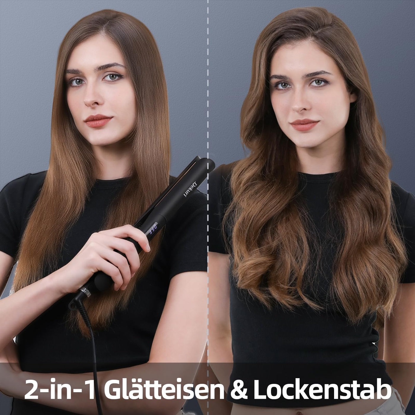 Dekuri 2 in 1 Glätteisen Locken und Glätten, Glatte Titanplatte Haarglätter, 30s Schnellaufheizung, 120-230℃ LED Display, Ionische Haarglätter für Frauen - Schwarz