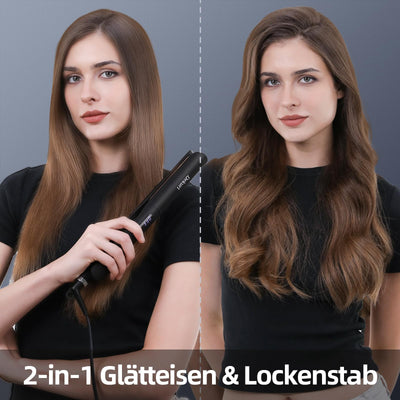 Dekuri 2 in 1 Glätteisen Locken und Glätten, Glatte Titanplatte Haarglätter, 30s Schnellaufheizung, 120-230℃ LED Display, Ionische Haarglätter für Frauen - Schwarz