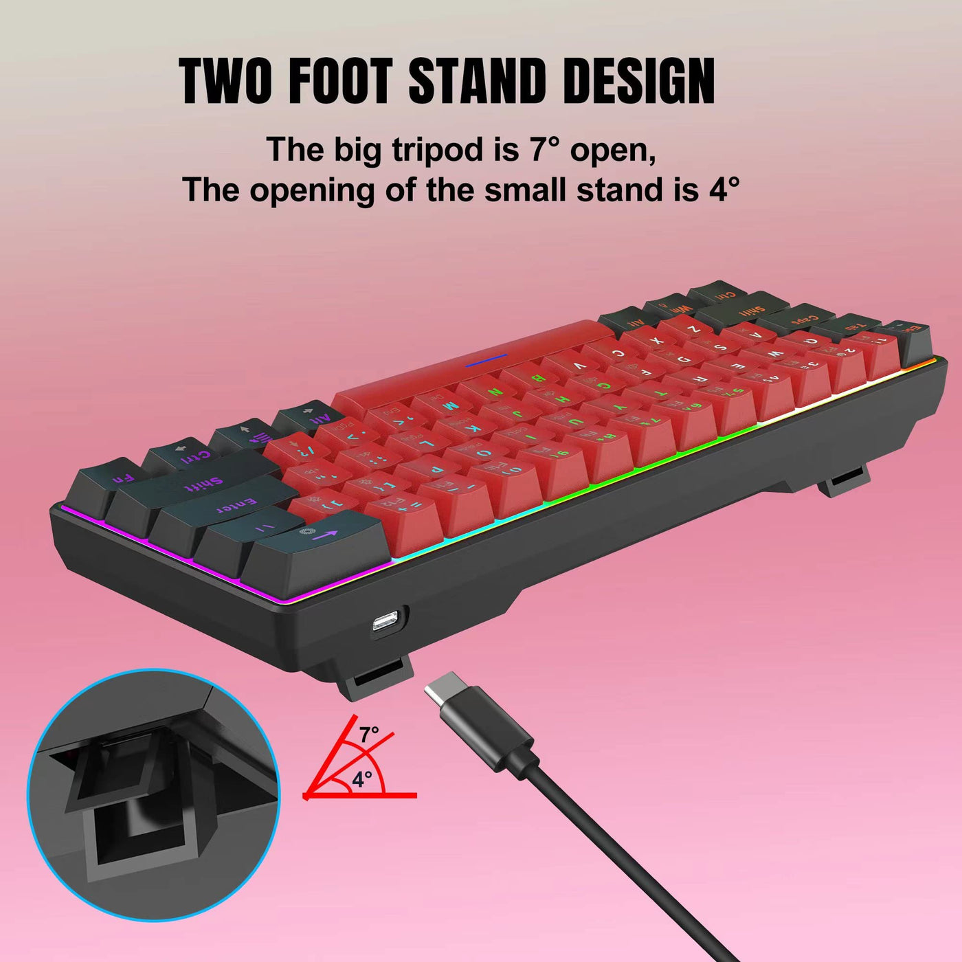 Snpurdiri 60% kabelgebundene mechanische Gaming-Tastatur, 61 Anti-Ghosting-Tasten, RGB-Hintergrundbeleuchtung, ultrakompakte Zwei Ständer (Blauer Schalter/Schwarz Rot)