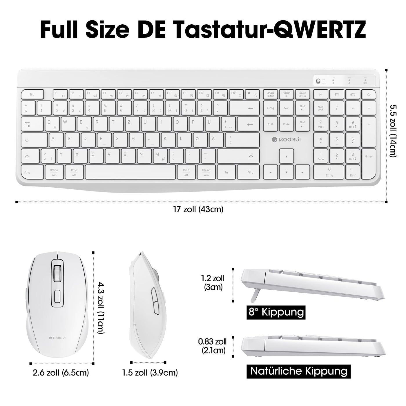 KOORUI Tastatur und Maus Kabellos, Wiederaufladbar Leise Maus Tastatur Set Deutsches Layout QWERTZ mit 12 Funktionstasten 2.4 GHz Tastatur Maus Set für Windows, MacOS, Linux -Weiß
