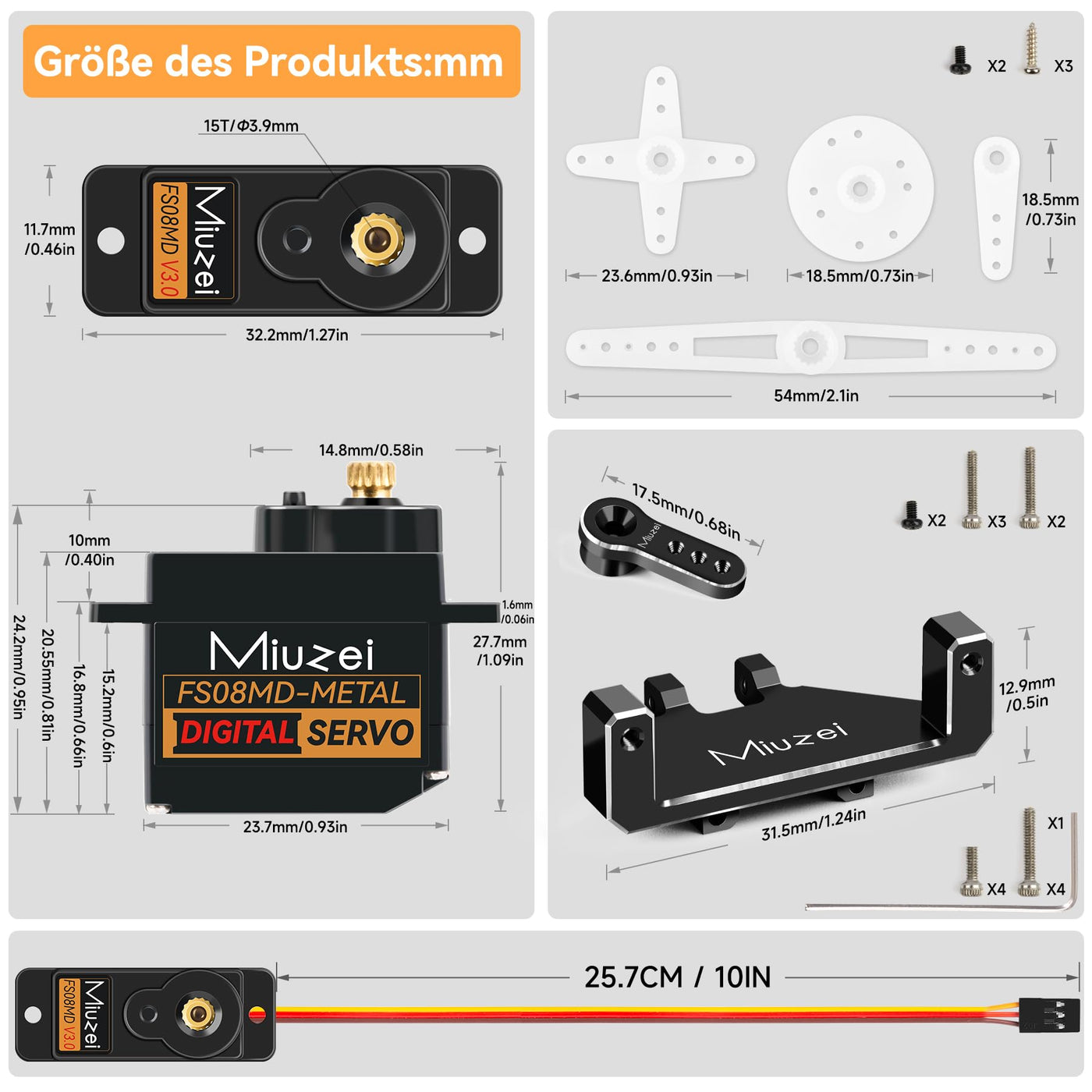 Miuzei Micro Servo Motor Kupfer Metallgetriebe Digital RC 180 Grad Mini Servomotor Lenkservo für SCX24 AX24 Arduino Roboter Arm 1/24 Car Boot mit Servokabel Horn Servo Mount Zubehör Schwarz 2 PCS