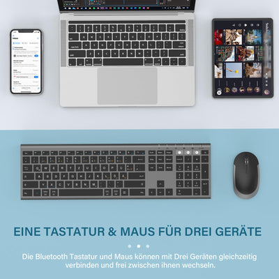 seenda Bluetooth Tastatur mit Maus Kabellos, Dual Bluetooth & 2.4G USB-Stick Tastatur Maus Set Kabellos, Wiederaufladbare Funktastatur Maus mit DE Layout für Mac/Windows/Android - Schwarz&Grau
