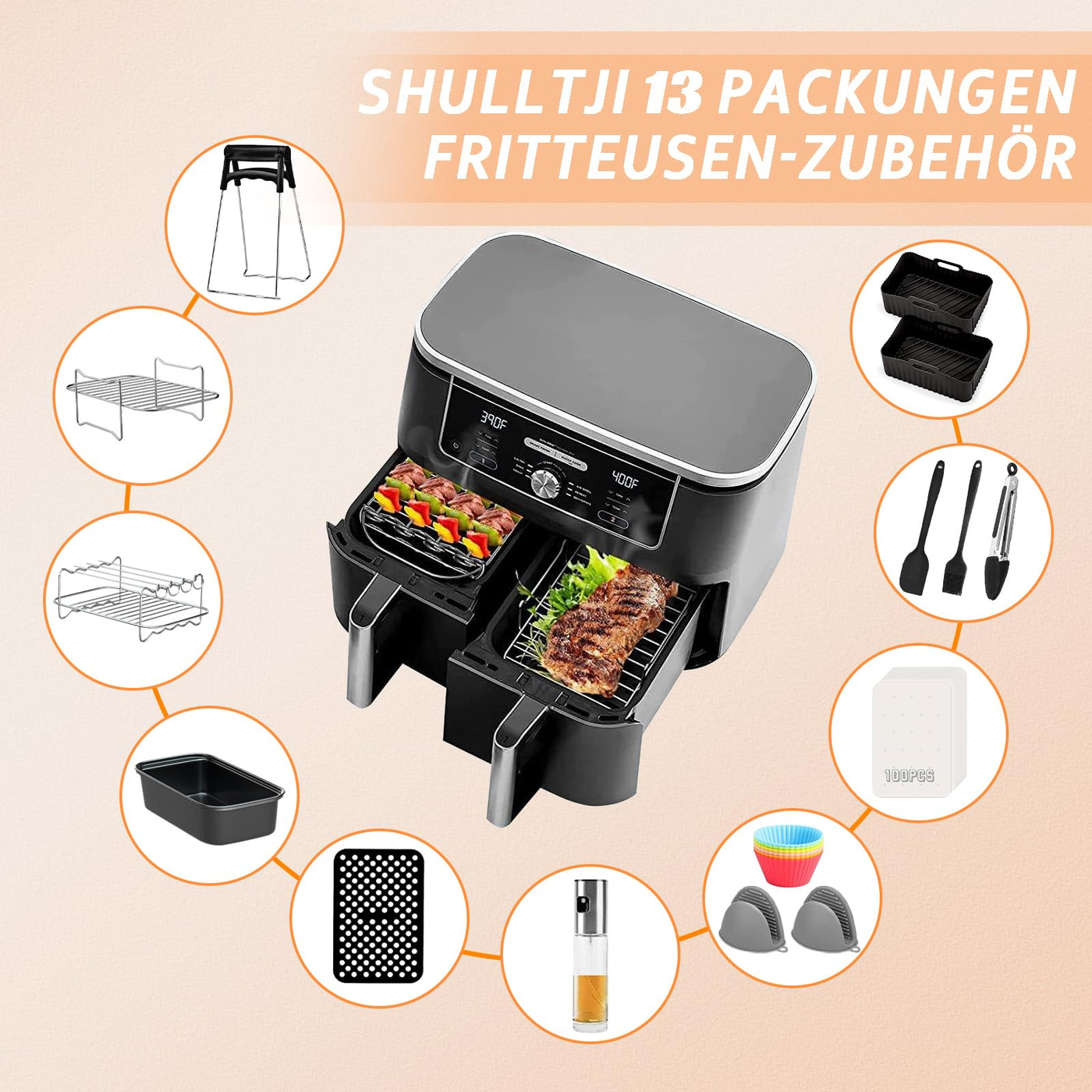 Heißluftfritteusen Zubehör für Ninja Foodi AF400EU, AF300EU, Emerio, Princess, Innsky, COSORI, Tower 7,6L/8L/9L/9,5L Dual Zone Heißluftfritteuse, Silikoneinlagen&Grillroste&Backformen usw, Schwarz