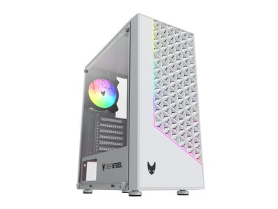 Oversteel - Iridium Gaming PC Gehäuse Kompatibel mit ATX, Micro ATX und ITX Boards, 120mm A-RGB Lüfter, Mesh Front, 2 Staubfilter, gehärtetes Seitenglas, USB 3.0, Weiß