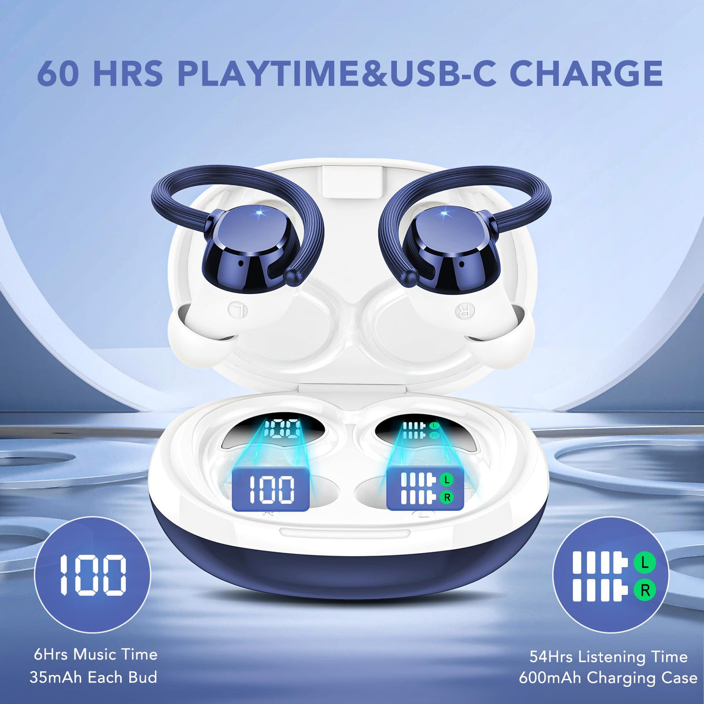 QXQ Bluetooth Kopfhörer Sport, in Ear Kopfhörer Kabellos Bluetooth 5.3 mit HD Mic, Kabellos Kopfhörer Comfort Fit, Dual LED-Anzeige, IP7 Wasserdicht Ohrhörer mit Ohrhaken, Bluetooth Kopfhörer Blu