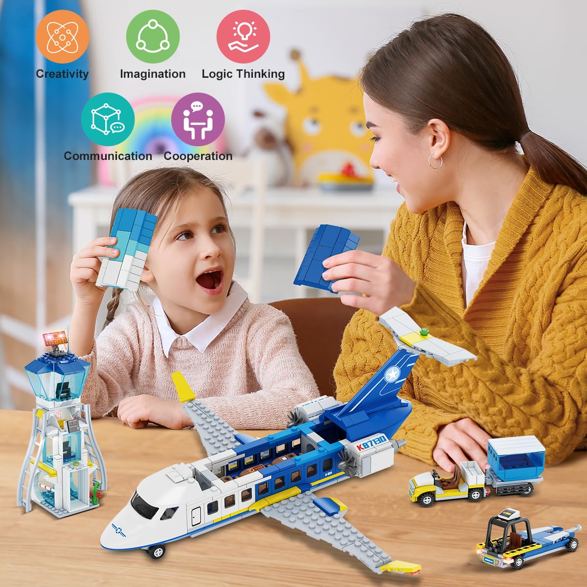 CUBIMANA City Passagierflugzeug Baukasten Set, 3 IN 1 Flugzeug Baukasten mit Terminal, Radarturm, Gepäckwagen Flugzeuge Modell Bausteine Spielzeug Geschenk für Jungen Mädchen Kinder 6 7 8 9+ Jahre alt