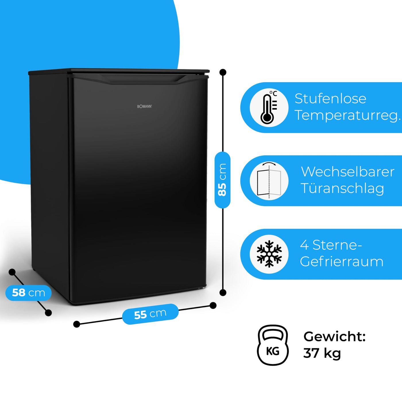 Bomann® Gefrierschrank 87L | Gefrierschrank klein mit Temperaturbereich ≤ -18°C | 3 Schubladen | Tiefkühlschrank mit wechselbarem Türanschlag | Freezer Tiefkühlschrank klein GS 7253 schwarz-inox