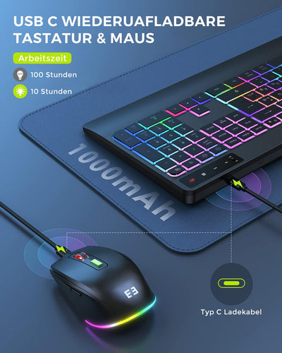 seenda Tastatur Maus Set kabellos beleuchtet, wiederaufladbare USB & Typ C Funktastatur mit Maus mit Handyhalter und Handballenauflage für PC/Windows/Mac, leise Klicken & QWERTZ Layout, Schwarz
