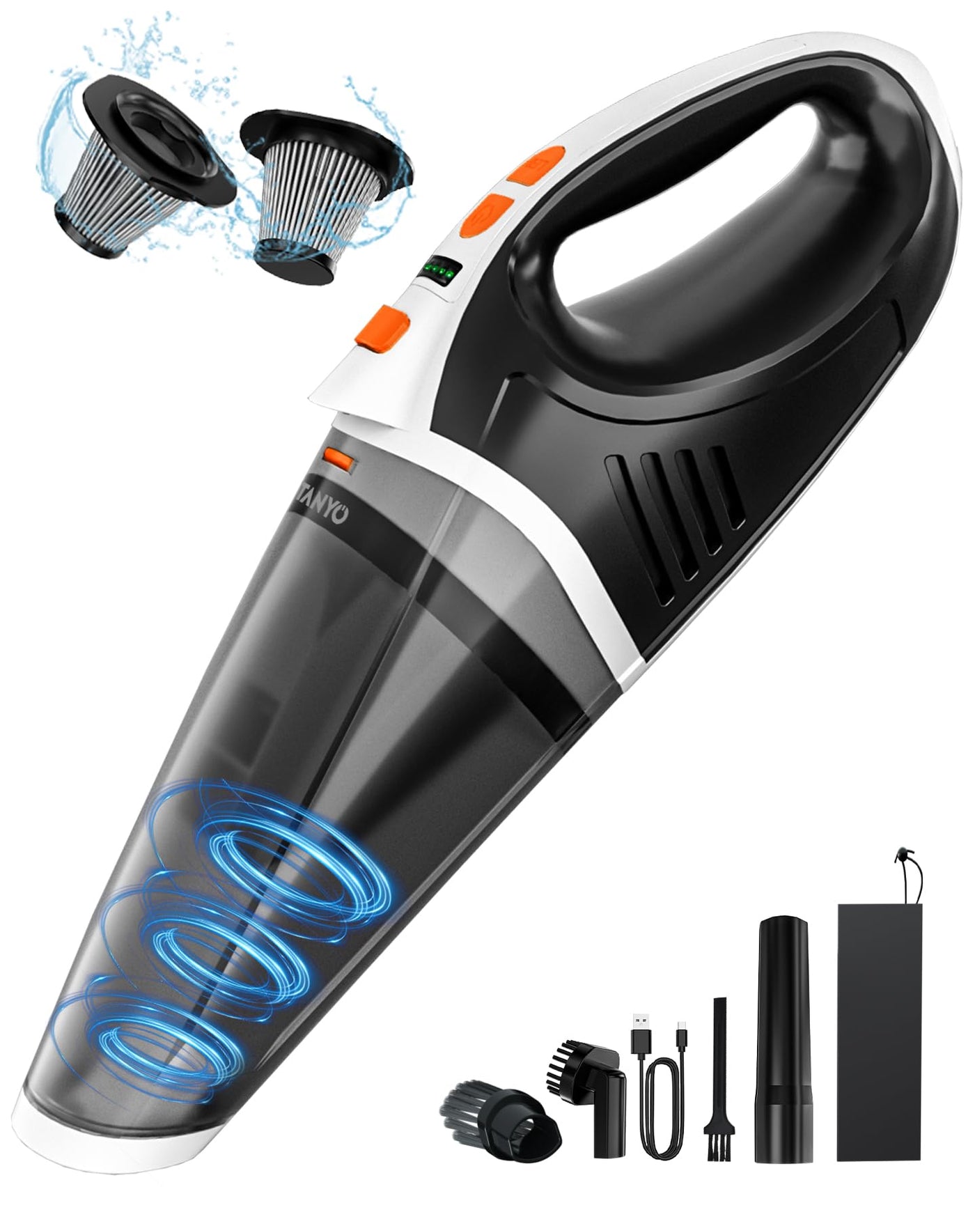TANYO Handstaubsauger Akku 5 In 1, 15000Pa/10000Pa 2 Drehzahl Auto Staubsauger Stark mit LED Licht, Nass/Trocken Tragbarer Handstaubsauger Kabellos für den Auto, Haus, Küche, Tierhaare(Weiß Orange)
