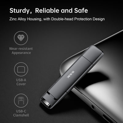 SSK USB C Externe SSD 2TB, mit bis zu 550 MB/s Extreme Schneller USB Solid State Drive, Dual-USB Typ C + USB A USB3.2 Gen2 Datenspeicher für Android-Telefon, Laptop, Tablet, Mac