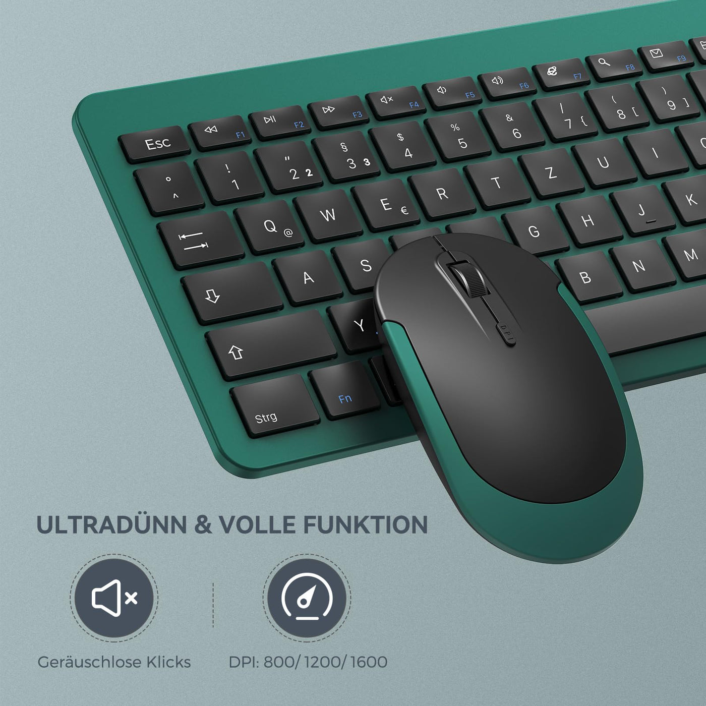 Tastatur Maus Set Kabellos, seenda Ultra-Dünne Wiederaufladbare Funk Tastatur Maus Set, Ergonomische Tastatur Kabellos mit Silikon Staubschutz für PC/Laptop/Smart TV, DE QWERTZ Layout, Schwarz&Grün