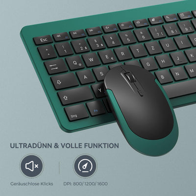 Tastatur Maus Set Kabellos, seenda Ultra-Dünne Wiederaufladbare Funk Tastatur Maus Set, Ergonomische Tastatur Kabellos mit Silikon Staubschutz für PC/Laptop/Smart TV, DE QWERTZ Layout, Schwarz&Grün