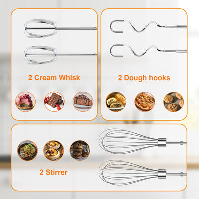 Stabmixer NWOUIIAY Handmixer Elektrischer 500W 5 Geschwindigkeitsstufen 6-in-1 Set mit Schneebesen Knethaken Teigrührer Handrührgerät mit Ein-Knopf-Auswurf für Backen Desser