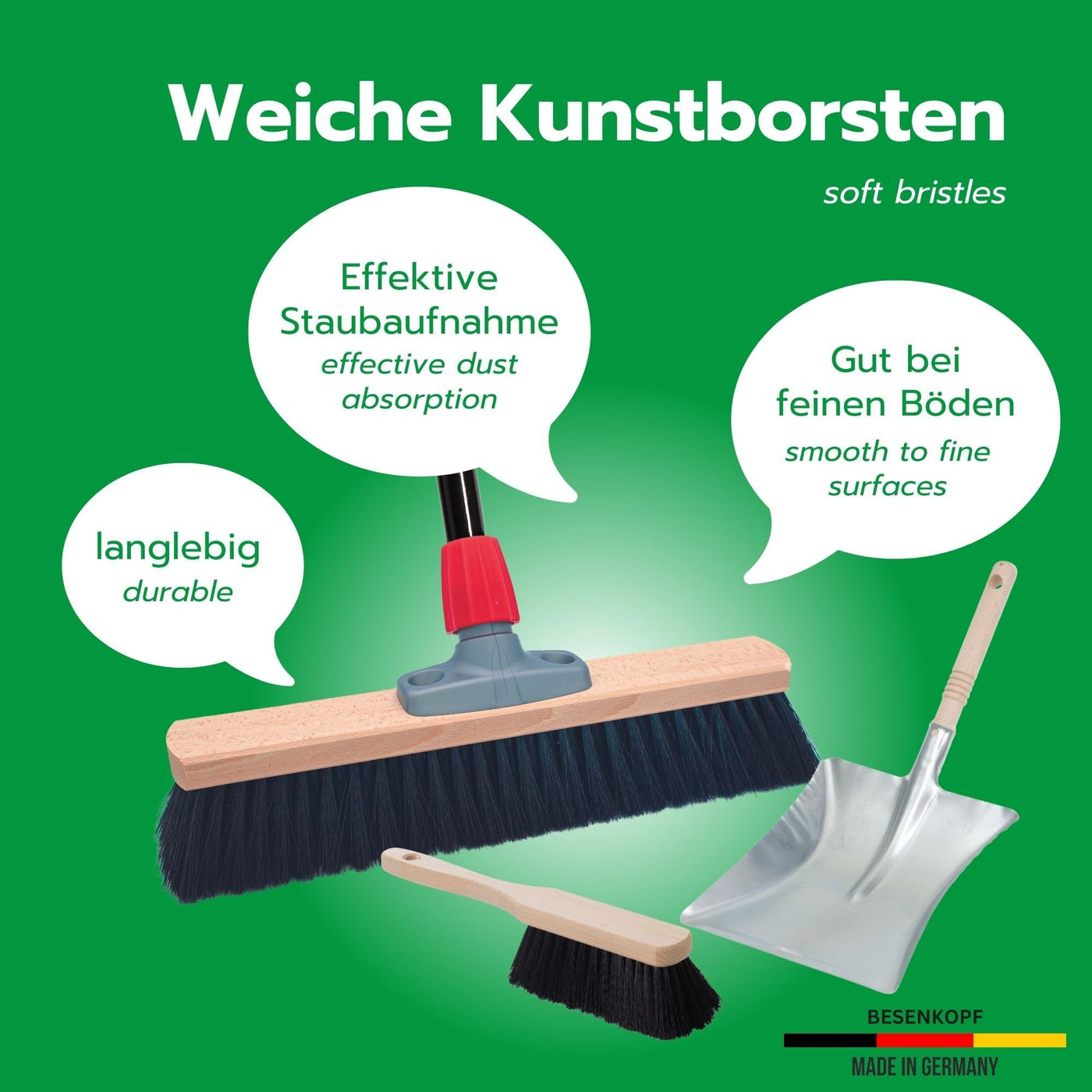 Novaliv Besen 40 cm mit Stiel Saalbesen Kunstborsten inkl. Kehrgarnitur verzinkt bestehend aus Kehrblech und Handfeger Besen fein Ideal als Werkstattbesen Hallenbesen Hausbesen mit Stiel