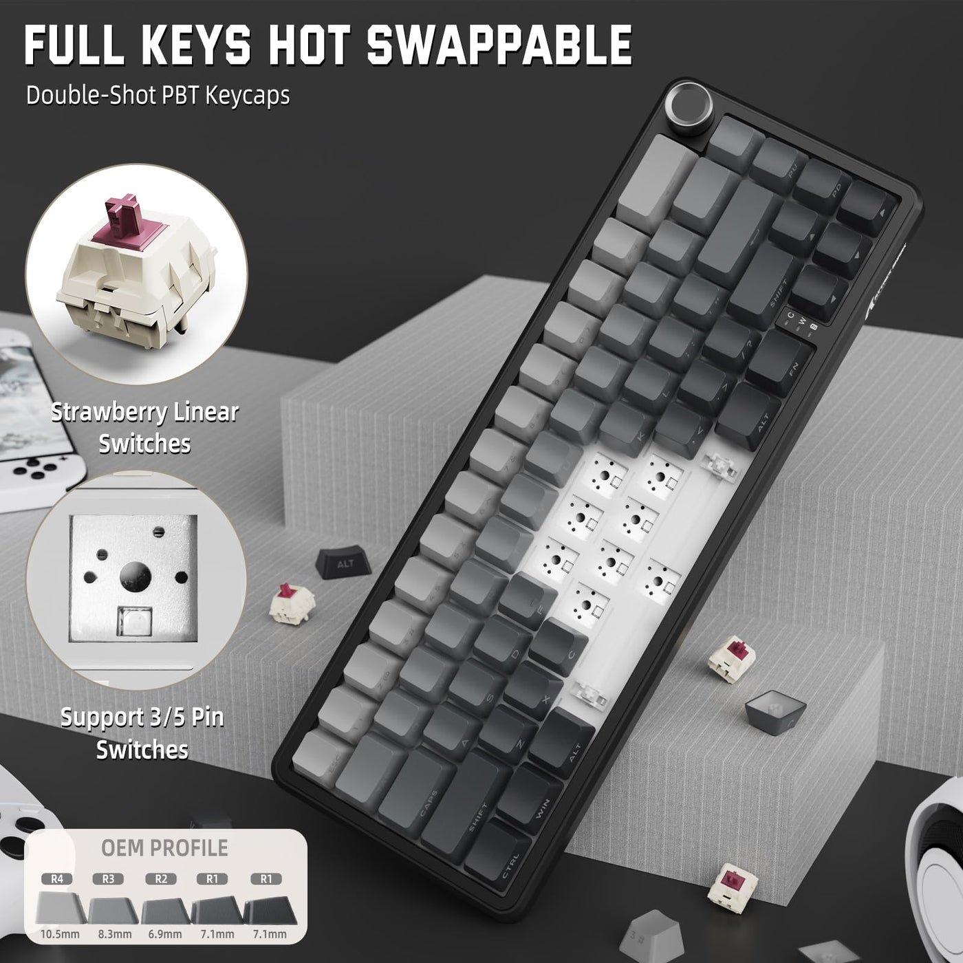 MAMBASNAKE X ATTACK SHARK X66 65% Kabellose Mechanische Tastatur mit Knopf, Hot Swap RGB Gaming Tastatur mit Dichtung, BT/2,4 G/USB-C, Linearer Schalter, seitlich bedruckte PBT-Tastenkappe - Mondnacht