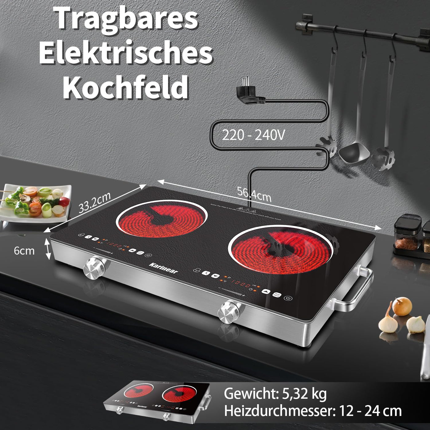 Karinear Keramikkochfeld 2 Platten Tragbar mit Griff, 650 °C Max, Glaskeramik Kochplatte 2er Freistehend, Herdplatte 2 Kochfelder mit Stecker, Timer, Kindersicherung, Restwärmeanzeige, 220-240V, 3200W