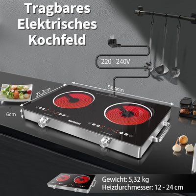 Karinear Keramikkochfeld 2 Platten Tragbar mit Griff, 650 °C Max, Glaskeramik Kochplatte 2er Freistehend, Herdplatte 2 Kochfelder mit Stecker, Timer, Kindersicherung, Restwärmeanzeige, 220-240V, 3200W