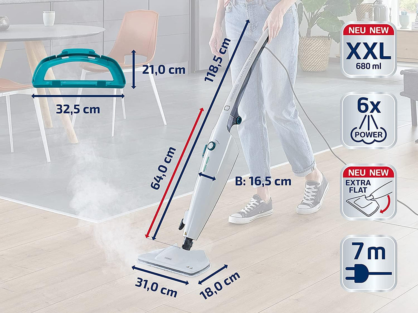 Leifheit Dampfreiniger CleanTenso Power 2.0 mit heißem Wasserdampf gegen Bakterien, Dampfmop mit kurzer Aufheizzeit und 50min Wischdauer, Dampfbesen für Eckenreinigung, Dampfwischer in modernem Design