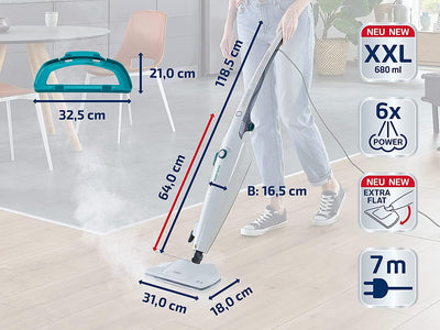 Leifheit Dampfreiniger CleanTenso Power 2.0 mit heißem Wasserdampf gegen Bakterien, Dampfmop mit kurzer Aufheizzeit und 50min Wischdauer, Dampfbesen für Eckenreinigung, Dampfwischer in modernem Design