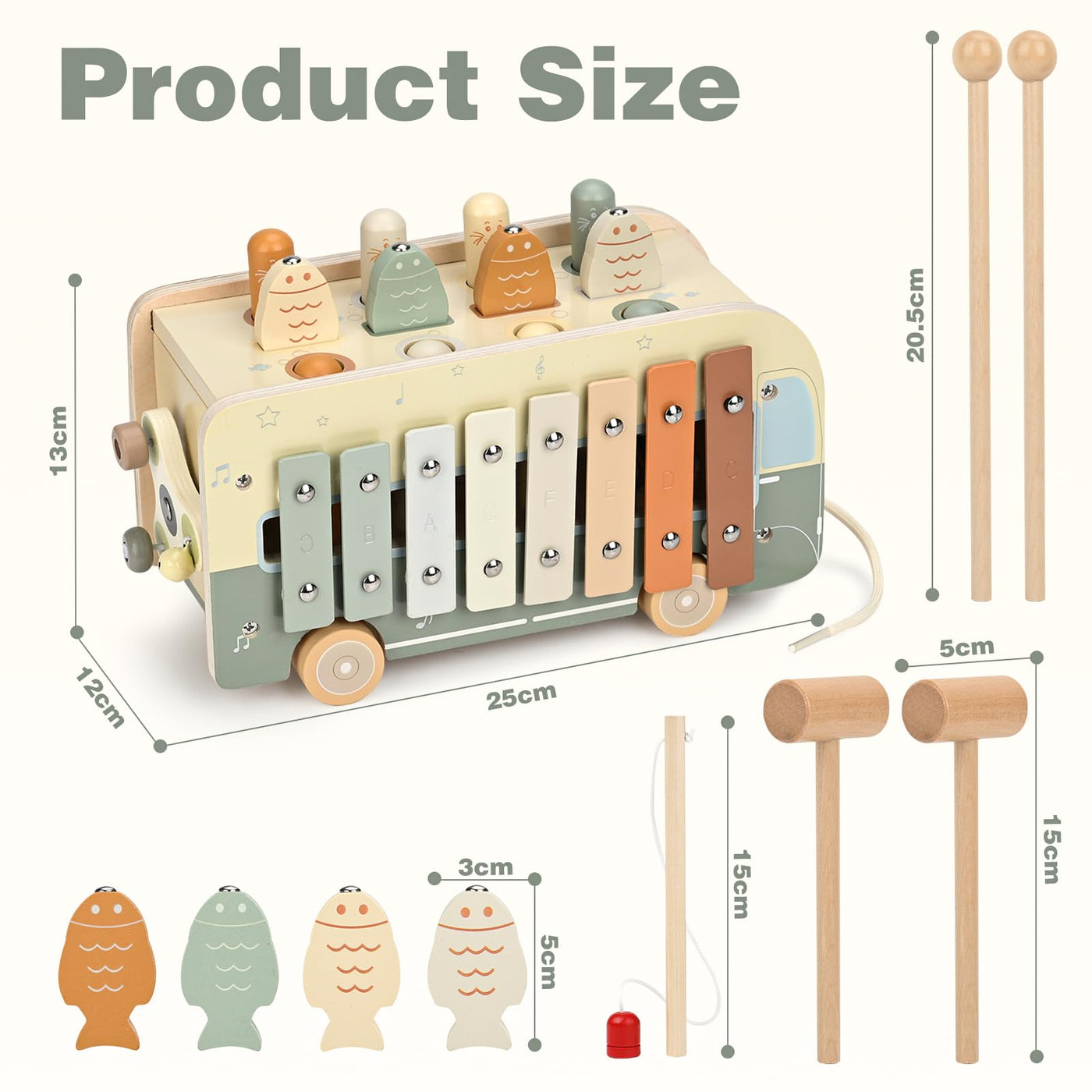 Vanplay Montessori Spielzeug ab 1 Jahr, 7 in 1 Hammerspiel Angelspiel Magnet Holzspielzeug Motorikspielzeug, Xylophon Kinder 1 Jahr, Geschenk Kinderspielzeug ab 1 2 3 Jahre Mädchen Junge