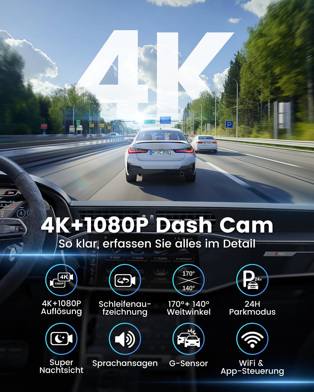 Dashcam Auto 4K+1080P SIGRILL Dashcam Auto Vorne Hinten, WiFi Dash Cam APP Steuerung, kostenlose 64-GB-Karte, Ultra Nachtsicht Daschcam, 24H Parkmodus, G-Sensor, Loop-Aufnahme, Max 256GB