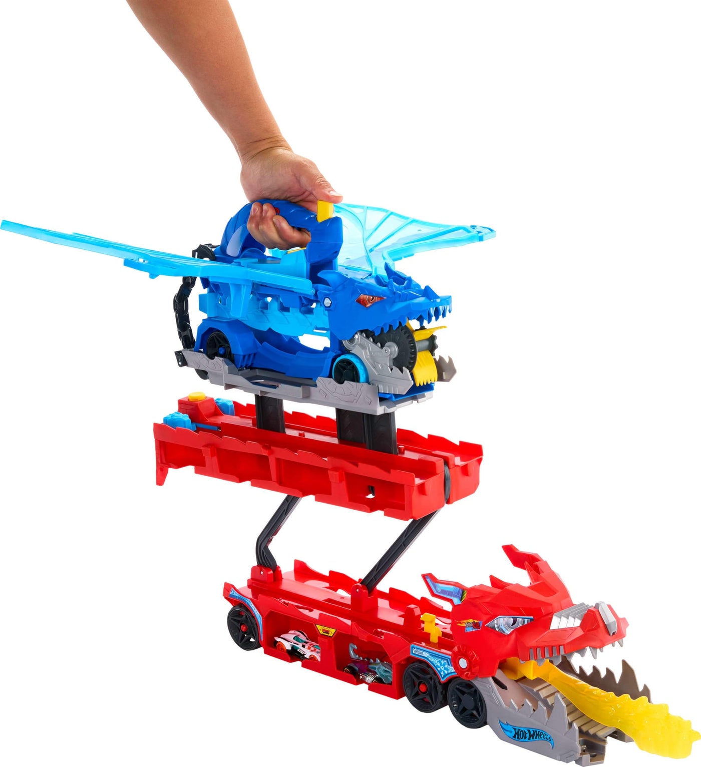 Hot Wheels City Spielzeugauto-Trackset, ultimativer 2-in-1 Drachentransporter und 2 Die-Cast-Autos, großer Drache und Abnehmbarer Drache, mit Platz für mehr als 20 Fahrzeuge, JKJ79
