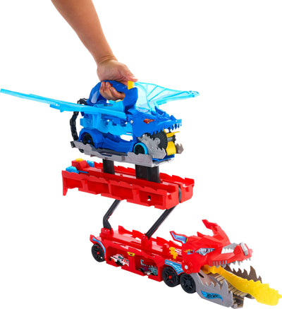 Hot Wheels City Spielzeugauto-Trackset, ultimativer 2-in-1 Drachentransporter und 2 Die-Cast-Autos, großer Drache und Abnehmbarer Drache, mit Platz für mehr als 20 Fahrzeuge, JKJ79