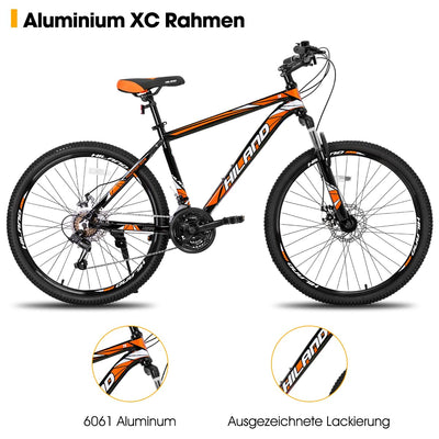 HILAND 27,5 Zoll Mountainbike 21-Gang MTB Aluminiumrahmen Scheibenbremse Speichenräder Jugendliche Fahrad Herr Damen Einteiliges Fahrradrad Schwarz&Orange