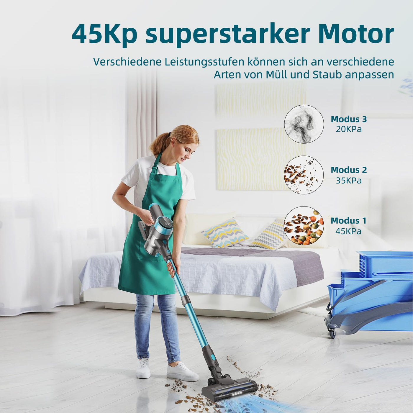 Quilted Northern 45KPa/550W/65Mins Akku Staubsauger, 1.5L Staubsauger Kabellos mit LED Touchscreen/Anti-Tangle-Bürste, Stabstaubsauger mit 4 Staubsaugerköpfe, für Hartböden/Teppich/Tierhaare