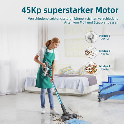Quilted Northern 45KPa/550W/65Mins Akku Staubsauger, 1.5L Staubsauger Kabellos mit LED Touchscreen/Anti-Tangle-Bürste, Stabstaubsauger mit 4 Staubsaugerköpfe, für Hartböden/Teppich/Tierhaare