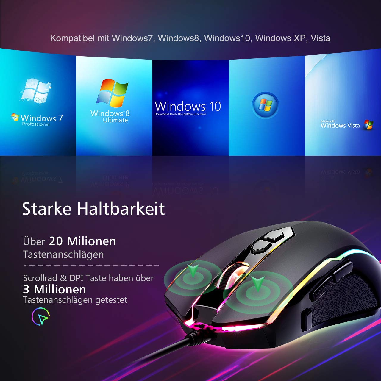 RGB Gaming Maus,Vollion Gamer Maus mit 8 Programmierbare Tasten 7200DPI/RGB-Beleuchtung/Anpassbare Spielprofile,USB-Wired mit ergonomisches Design für MMO, MOBA oder FPS Games für PC/Mac