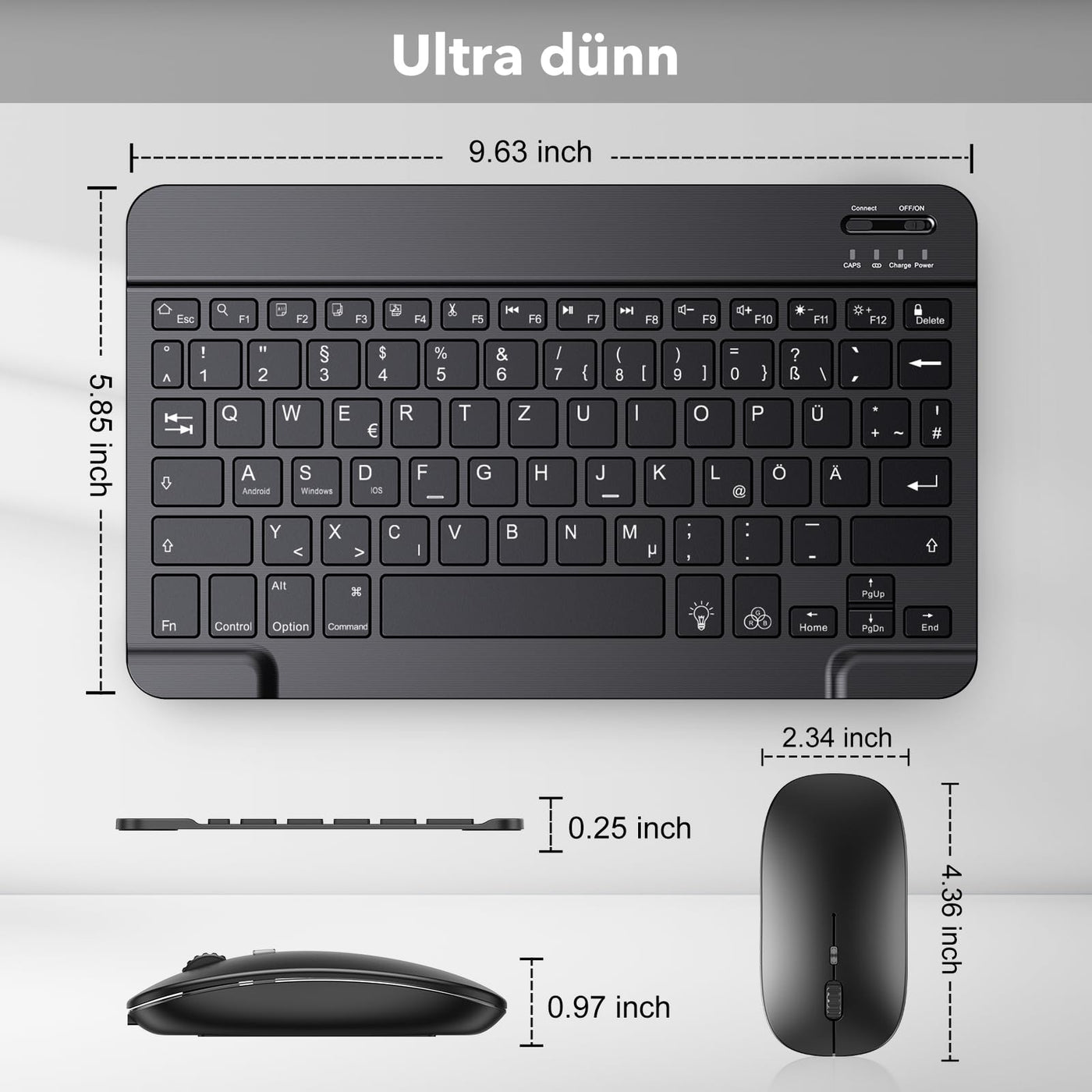 TECURS Kabellos Tastatur Maus Set QWERTZ Bluetooth Tastatur mit Maus für iPad Pro/Air/Mini/iPad 9./8.Gen, 7-farbige Hintergrundbeleuchtung, Schwarz