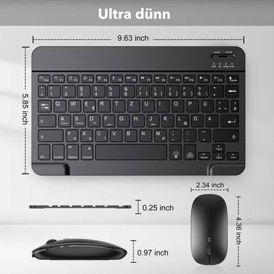 TECURS Kabellos Tastatur Maus Set QWERTZ Bluetooth Tastatur mit Maus für iPad Pro/Air/Mini/iPad 9./8.Gen, 7-farbige Hintergrundbeleuchtung, Schwarz