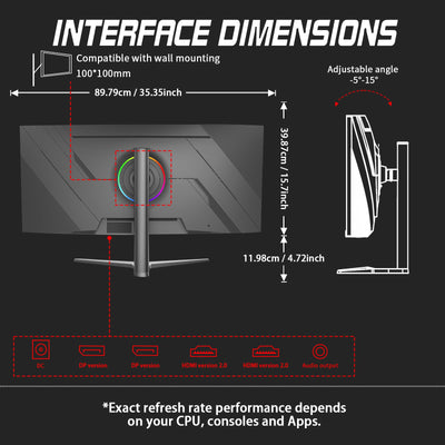 LXZ 37.5-inch Curved Gaming Monitor, 144Hz, 3840 * 1600P, 2500R, VA Display, Eye Protection, DP/HDMI Ports, Wall Mount Compatible - Black