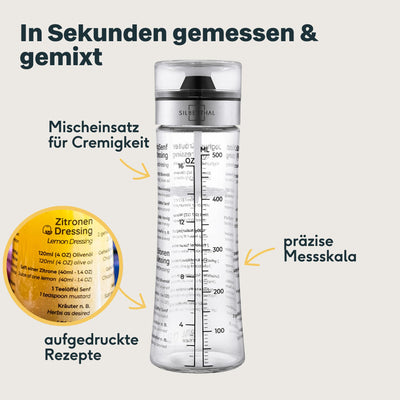 SILBERTHAL Dressingshaker aus Glas mit Rezepten – 500 ml – Spülmaschinenfest - Neuer Deckel & Neue Rezepte